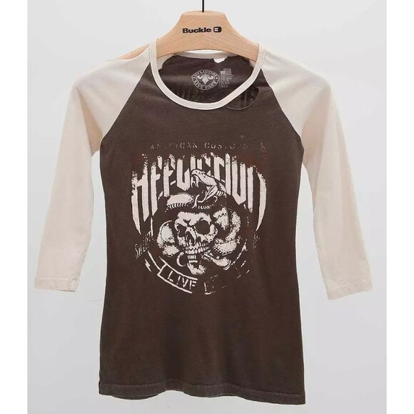 AFFLICTION Womens Shirt SMALL American Custom Bushmaster Long Sleeve Logo Raglan - Picture 3 of 14